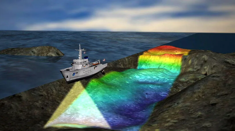 Ilustrasi cara kapal survei mengumpulkan data multibeam echosounder