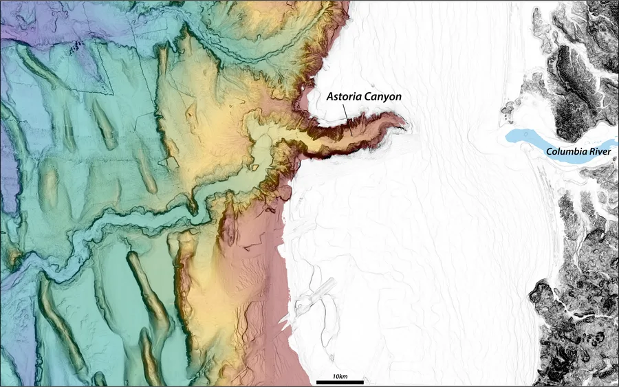 Visualisasi batimetri multibeam Astoria Canyon menunjukkan morfologi dasar laut dalam gradasi warna