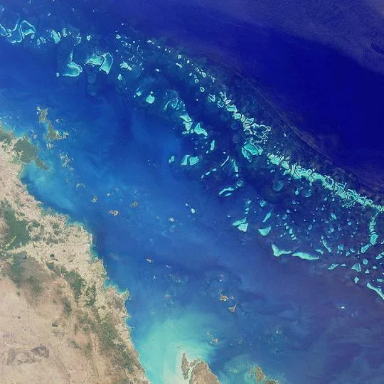 Citra satelit sebagian Great Barrier Reef menunjukkan struktur terumbu dari orbit