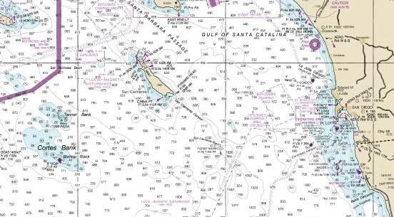 Potongan peta laut NOAA yang menampilkan kontur batimetri Cortes Bank