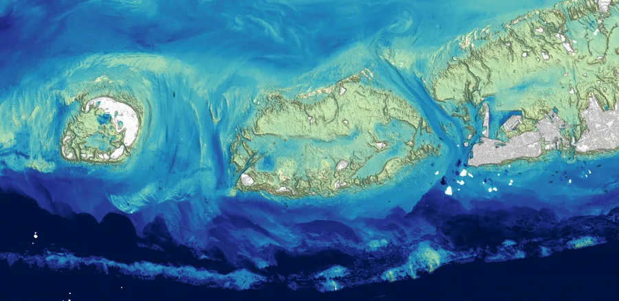 Peta batimetri turunan satelit dari Florida Keys menunjukkan variasi kedalaman di kanal dangkal dan area terumbu karang